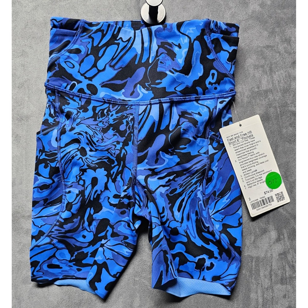 Lululemon Fast and Free HR Short 6 Pockets Blue Marble LW7CX9S Size 2 NWT